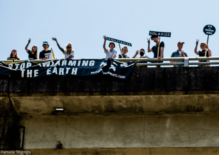 Demonstrators on Bridge
