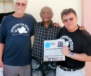 VFP Members Larry Ulm and John Koehler, with Cuban Army Veteran, Lt. Colonel Edel Durrutí. In Havana,Cuba January 2015