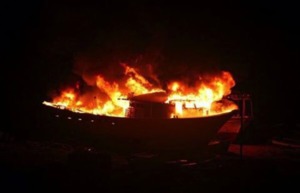 Photo of Gaza’s Ark, a fishing trawler in Gaza converted into a cargo ship to sail products out of Gaza, that was targeted and destroyed by the Israeli Defense Forces.  Facebook: Gaza’s Ark